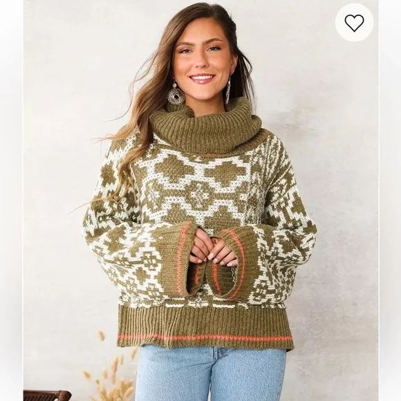 HYFVE Patterned Cowl Neck Sweater in Olive Women’s Size Large - Picture 5 of 12